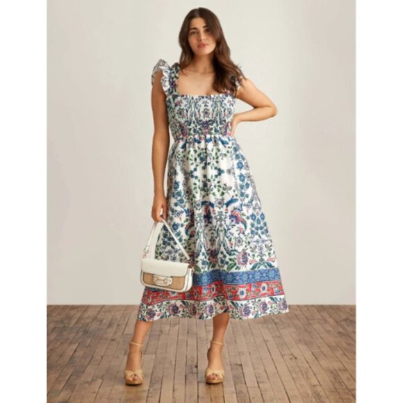 Anne Klein Women's Smocked Ruffle Sleeve Midi Dress Pearl White Red Multi XL NWT - Picture 1 of 9